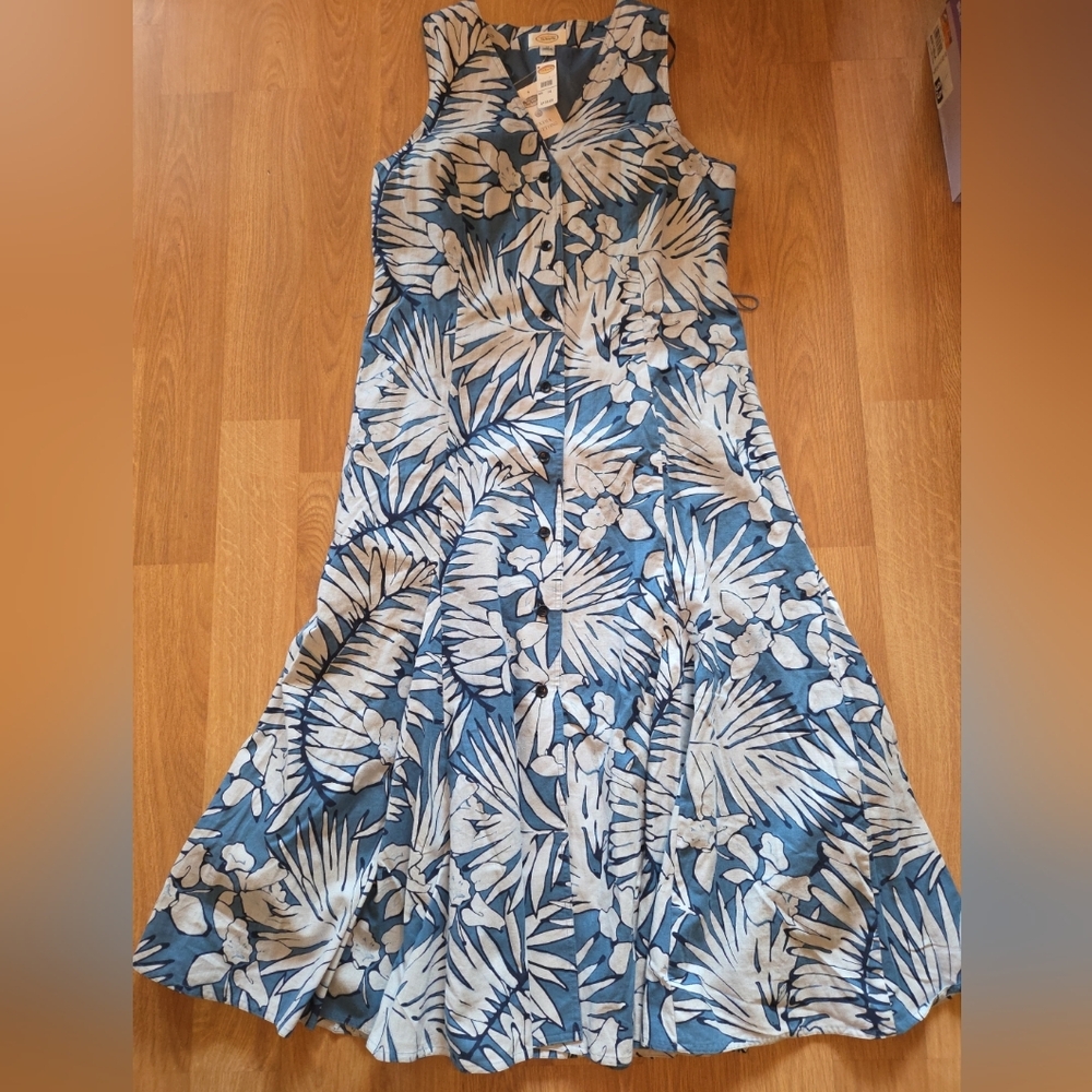 Talbots Sleeveless Blue Floral A-Line Dress Size 14 Linen Cotton Lined